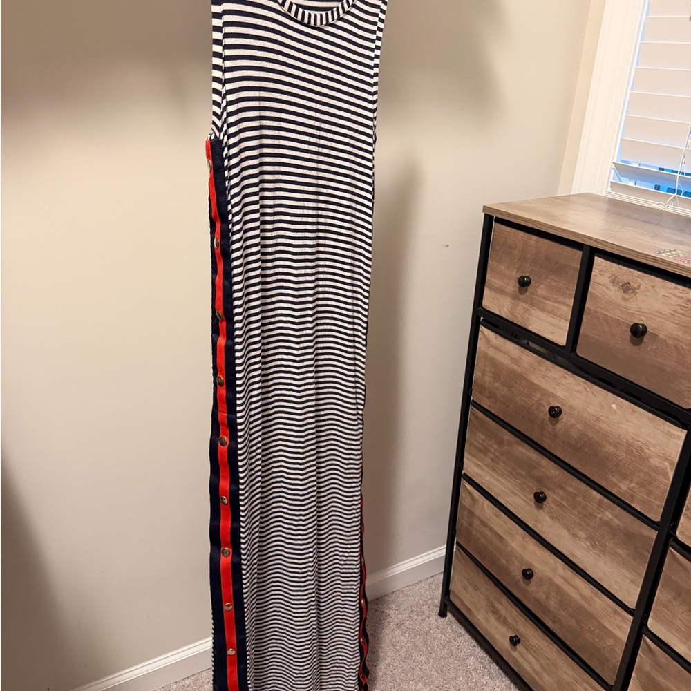 Striped Maxi Dress with Red & Navy Side Trim